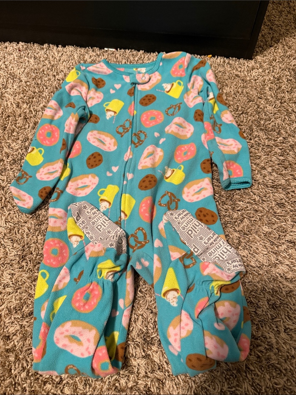 Kids Teal Fleece One-Piece Pajamas with Snack Print
